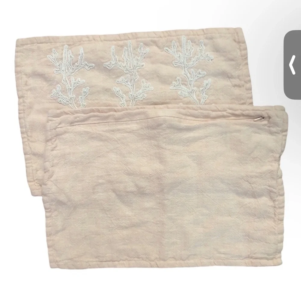 Serena and Lily Coral Peach Linen Embroidered Accent Pillow Cases set of 2 NWOT